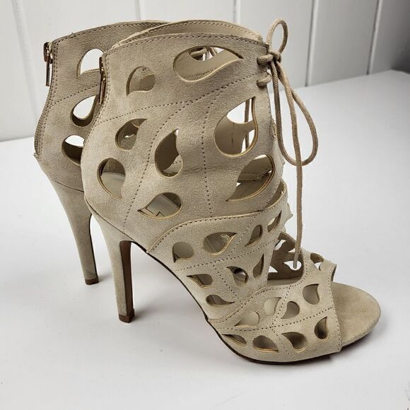 Aldo Tan Suede Laser-Cut Peep Toe Heels, Size 6.5 - Picture 5 of 16